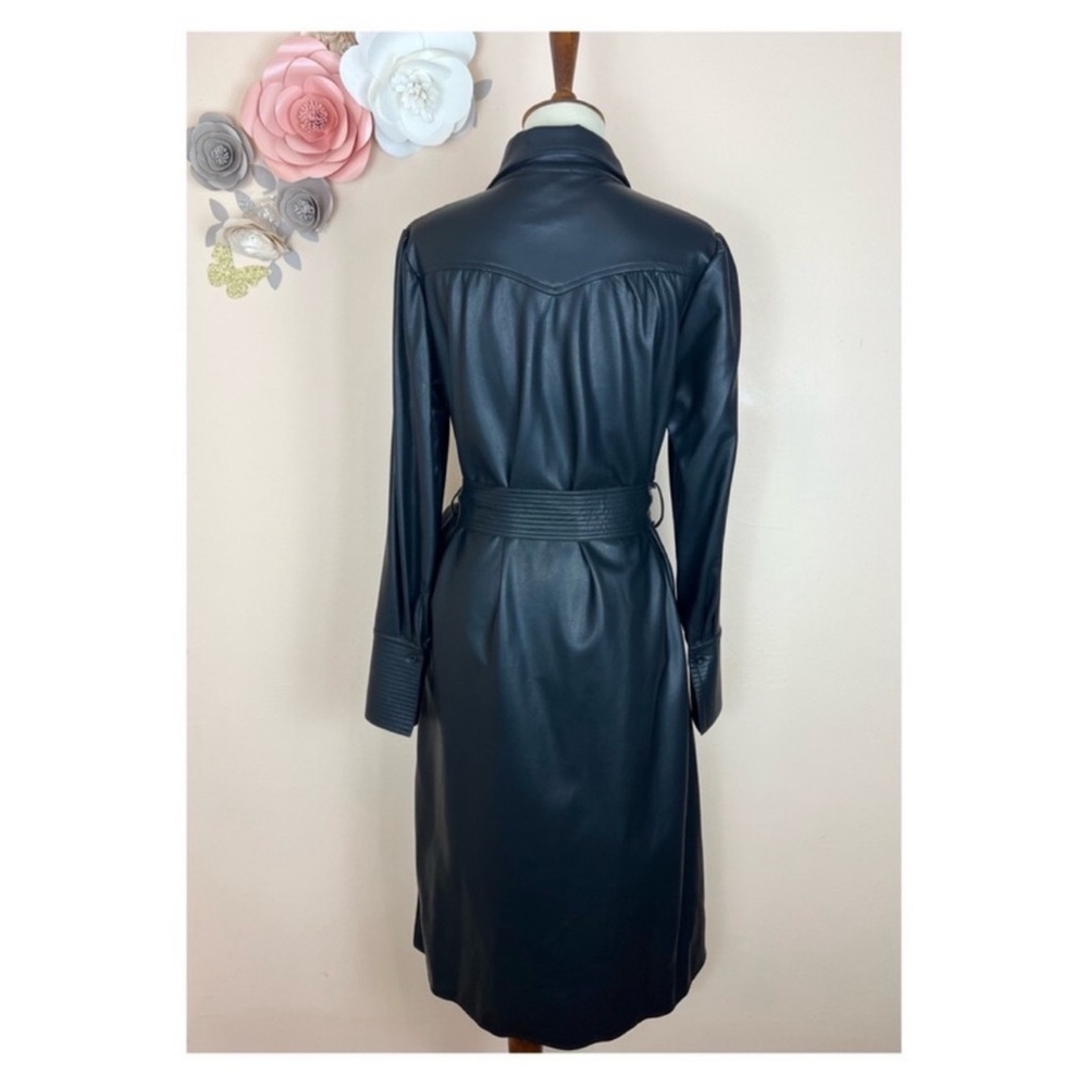 New! GRACIA Puff Sleeve Belted Faux Vegan Leather Trench Coat Midi Dress - Picture 7 of 11